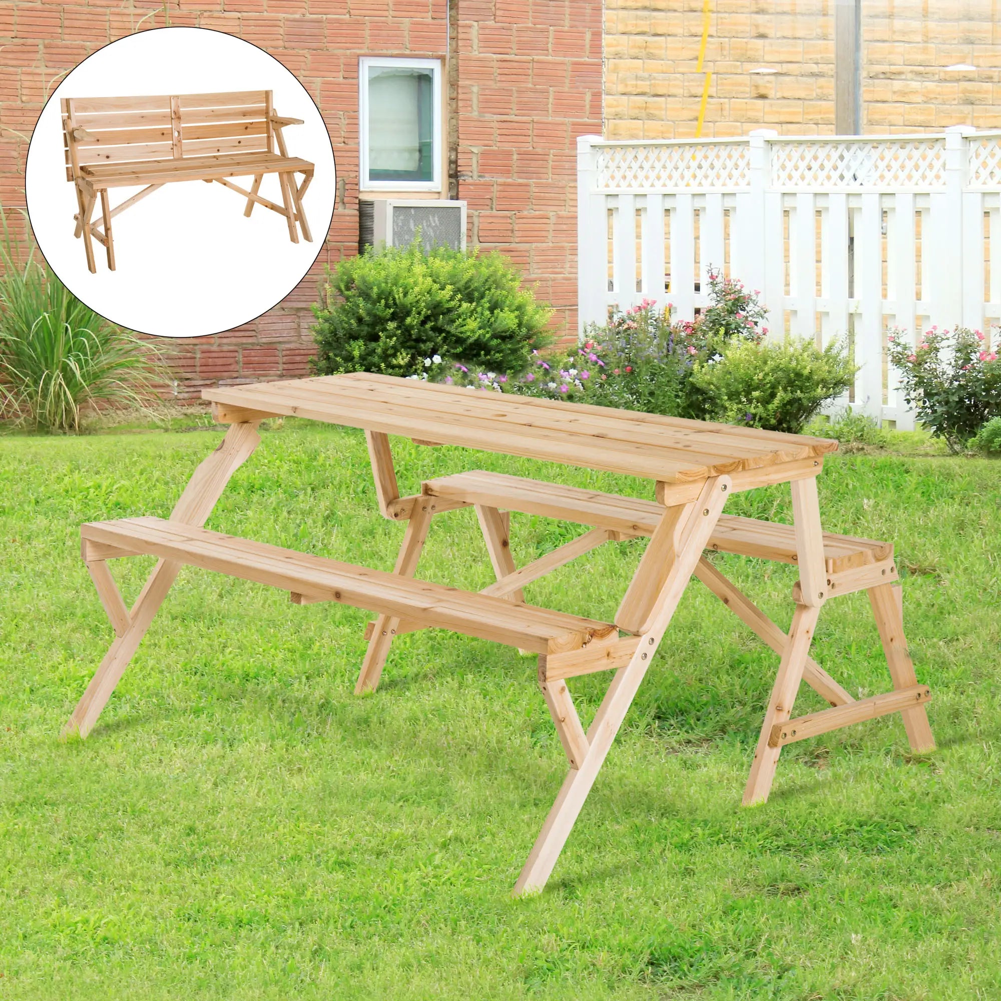 Wooden Folding Picnic Table with Benches, Outdoor Convertible Patio Garden Bench, Umbrella Hole Outdoor Dining Sets at Gallery Canada