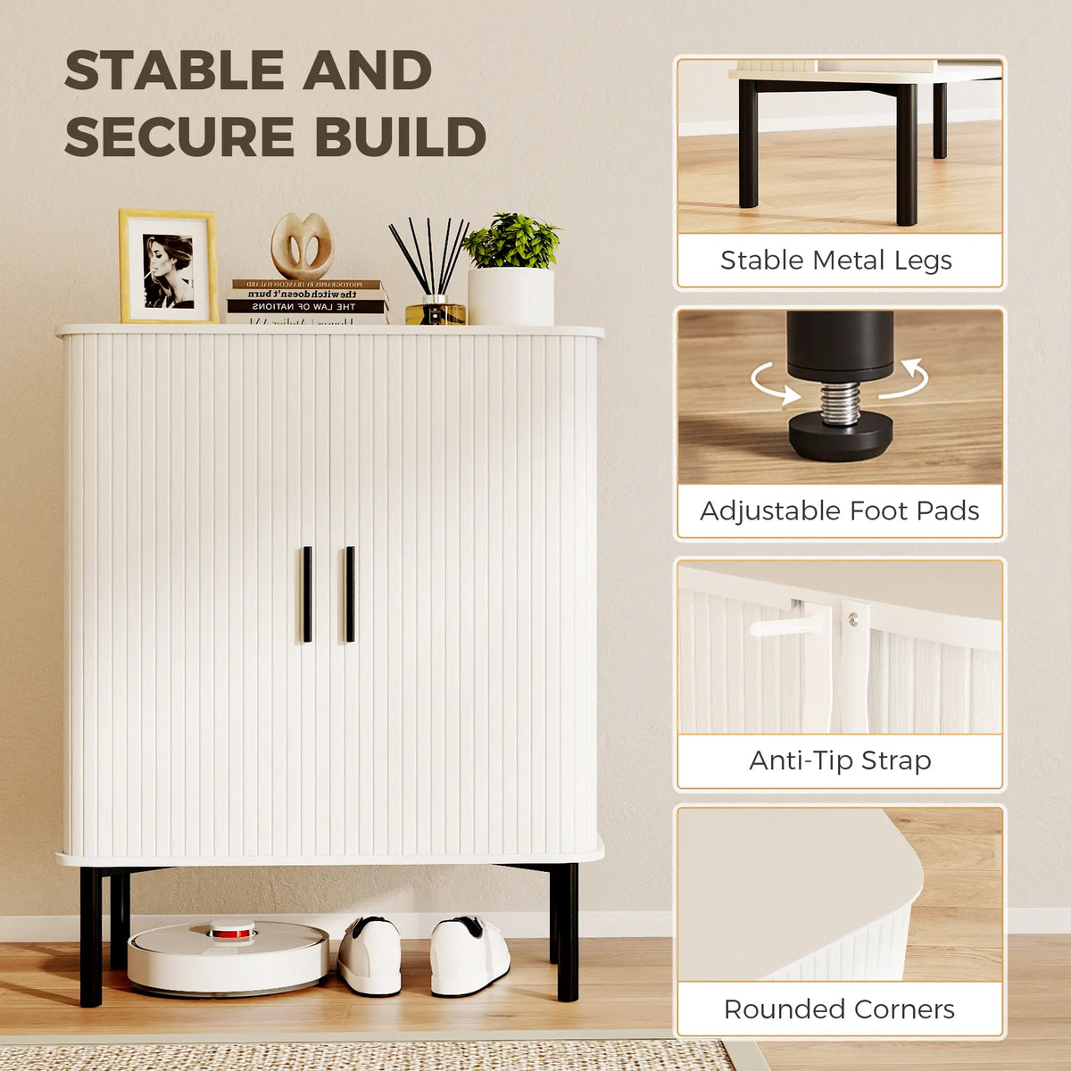 Shoe Cabinet Adjustable Shelves Side Cubbies Tambour Door, White