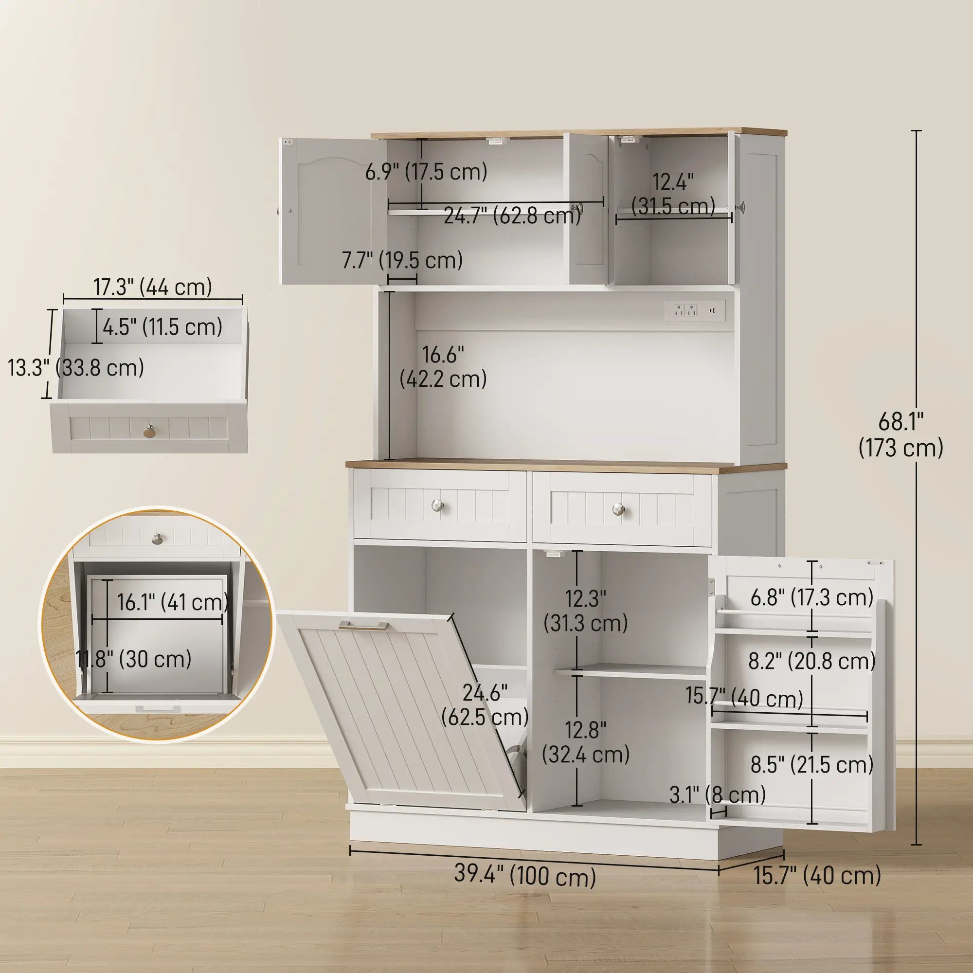 68 Inch Pantry Cabinet with Charging Station, Microwave Stand, Trash Can, White Kitchen Pantry Cabinets at Gallery Canada