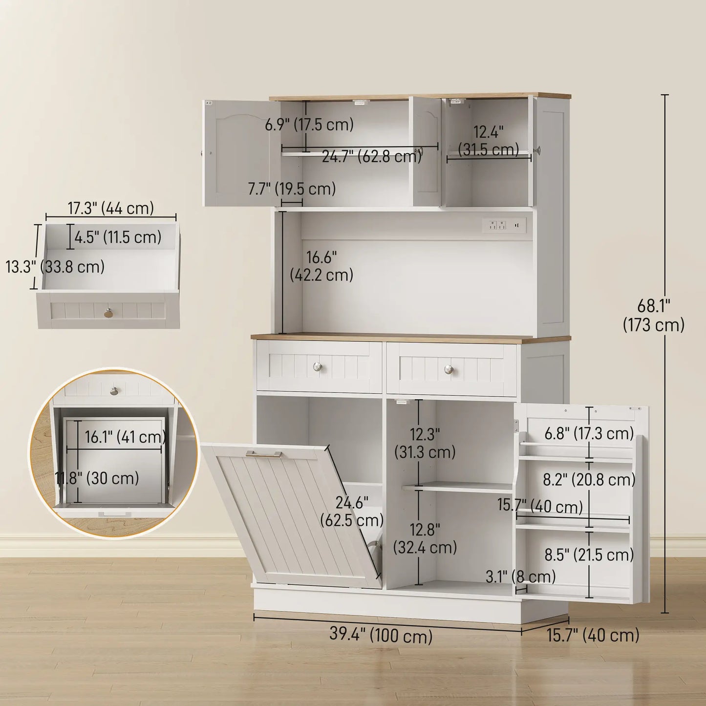 68 Inch Pantry Cabinet with Charging Station, Microwave Stand, Trash Can, White Kitchen Pantry Cabinets at Gallery Canada
