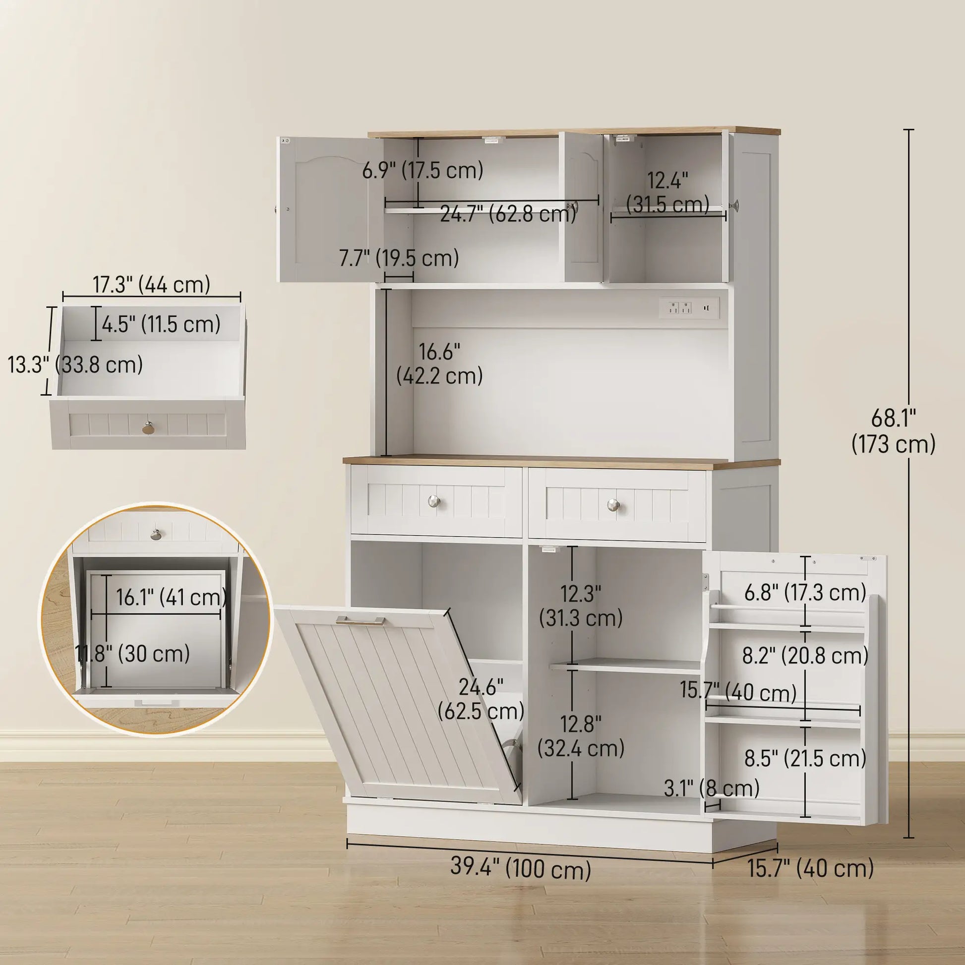 68 Inch Pantry Cabinet with Charging Station, Microwave Stand, Trash Can, White Kitchen Pantry Cabinets at Gallery Canada