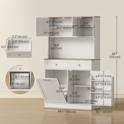 68 Inch Pantry Cabinet with Charging Station, Microwave Stand, Trash Can, White Kitchen Pantry Cabinets at Gallery Canada