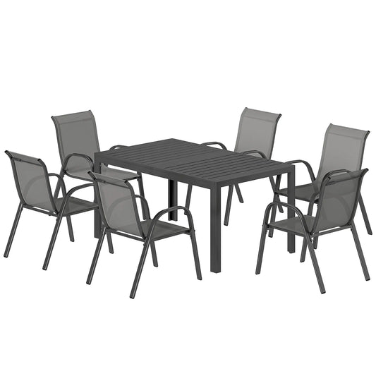 7-Piece Outdoor Dining Set, Rectangular Table, Stackable Chairs, Light Grey