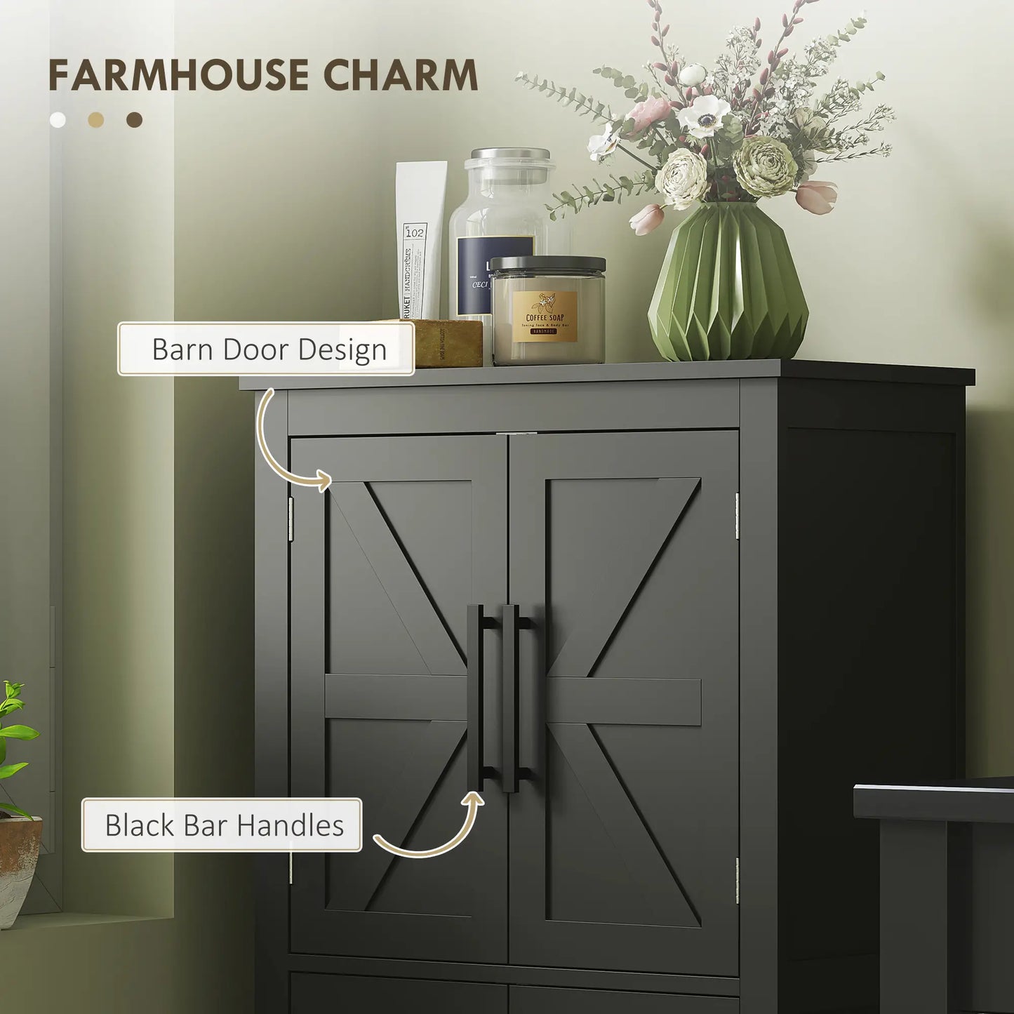 Farmhouse Bathroom Storage Cabinet, Barn Doors, Adjustable Shelf, Black Bathroom Cabinets at Gallery Canada