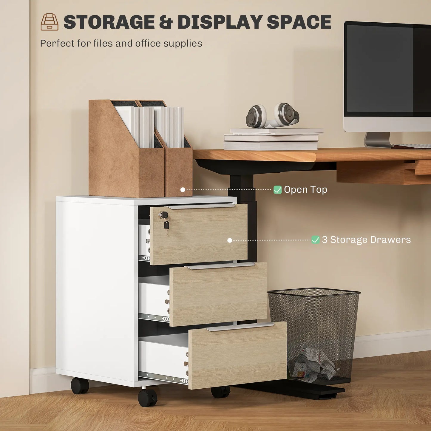 3 Drawer File Cabinet With Wheels, Vertical, Lock, Oak Office Cabinets & Cupboards at Gallery Canada