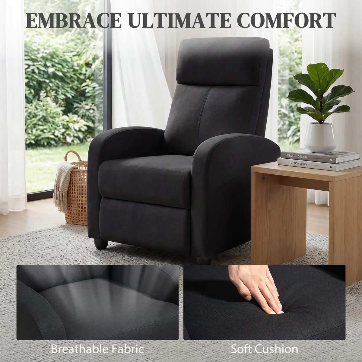 Manual Fabric Recliner Chair, Single Sofa with Padded Seat, Black Single Sofas at Gallery Canada