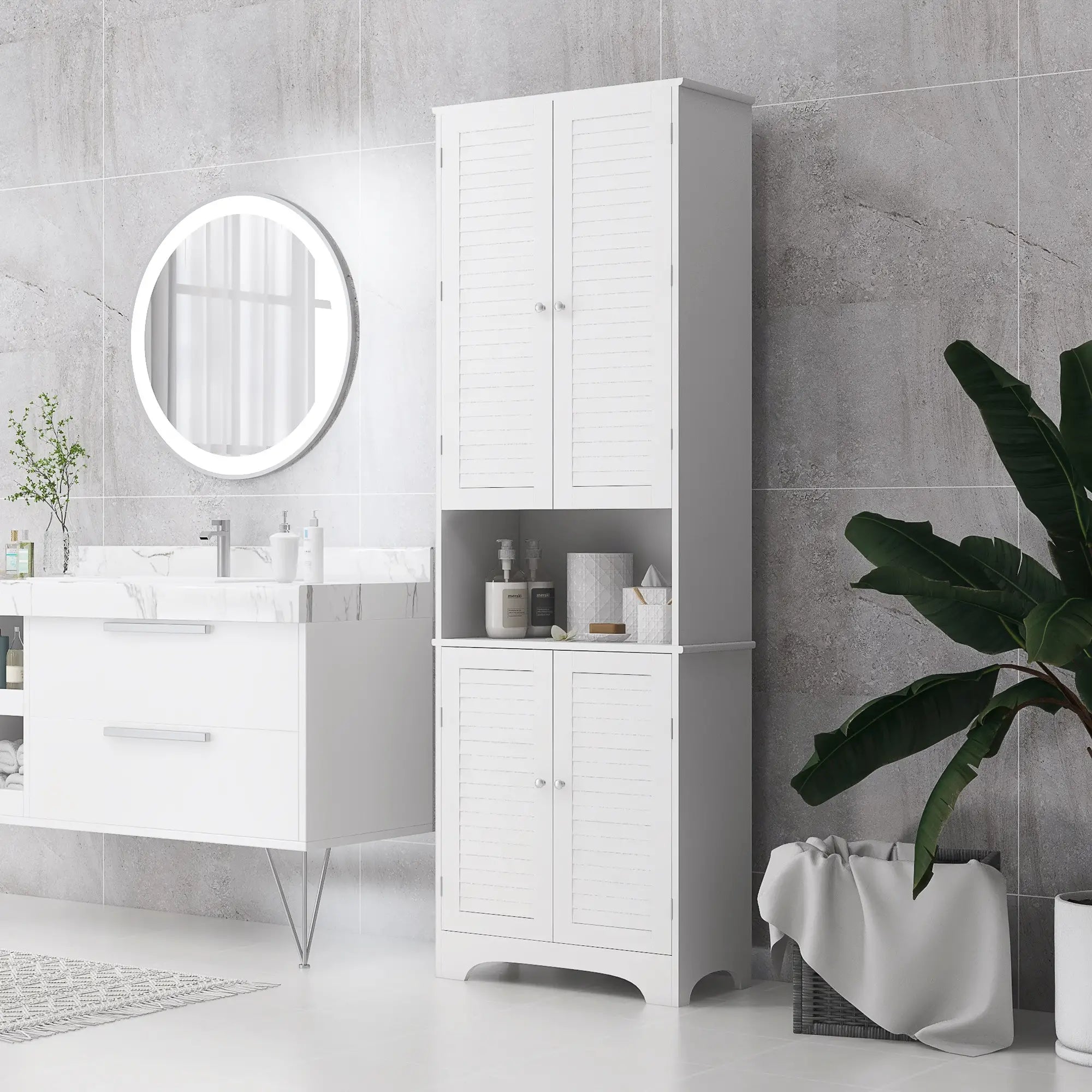 Tall Bathroom Storage Cabinet, 4 Shutter Doors, Adjustable Shelves, White Bathroom Cabinets at Gallery Canada