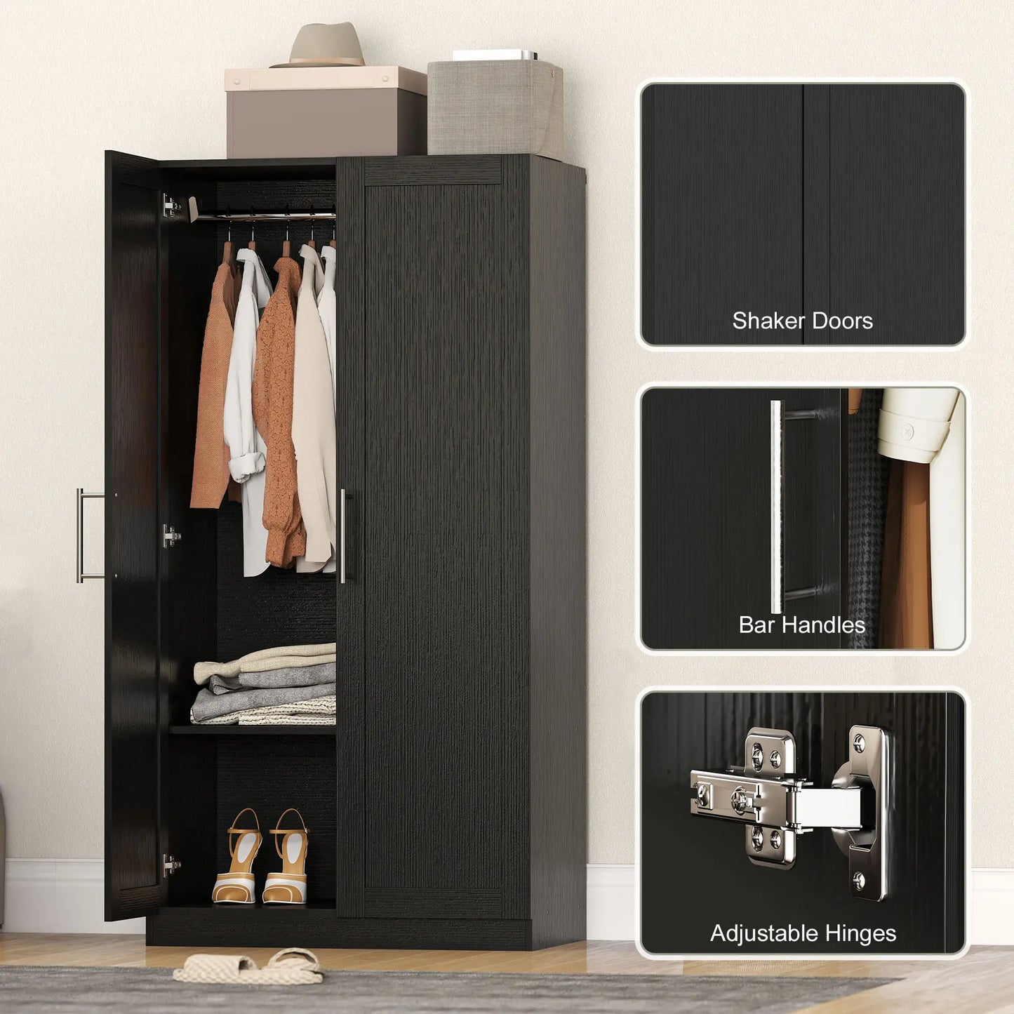 Modern Armoire Wardrobe Cabinet, 2 Doors With Hanging Rod, Black Wood Effect, Black Clothing Storage at Gallery Canada