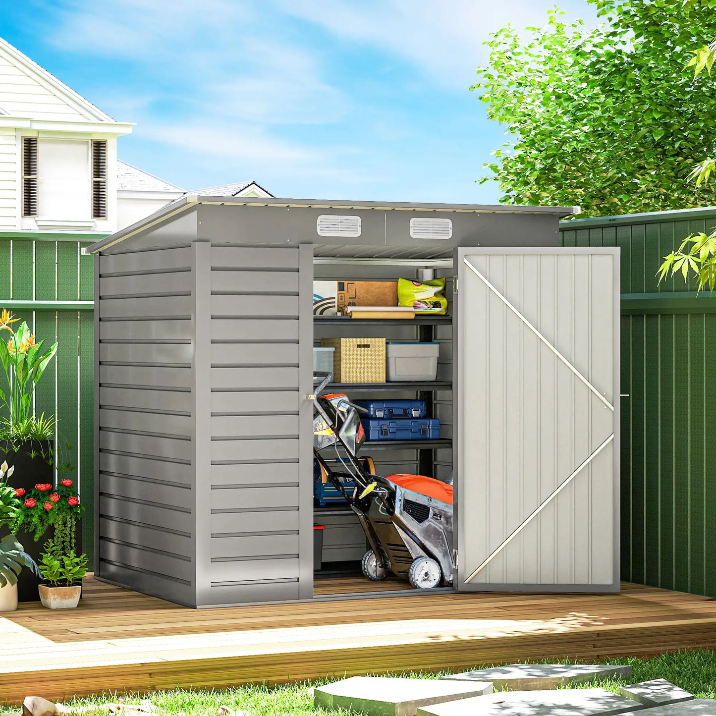 6 x 4FT Galvanized Garden Storage Shed, Metal Outdoor Shed, Light Grey