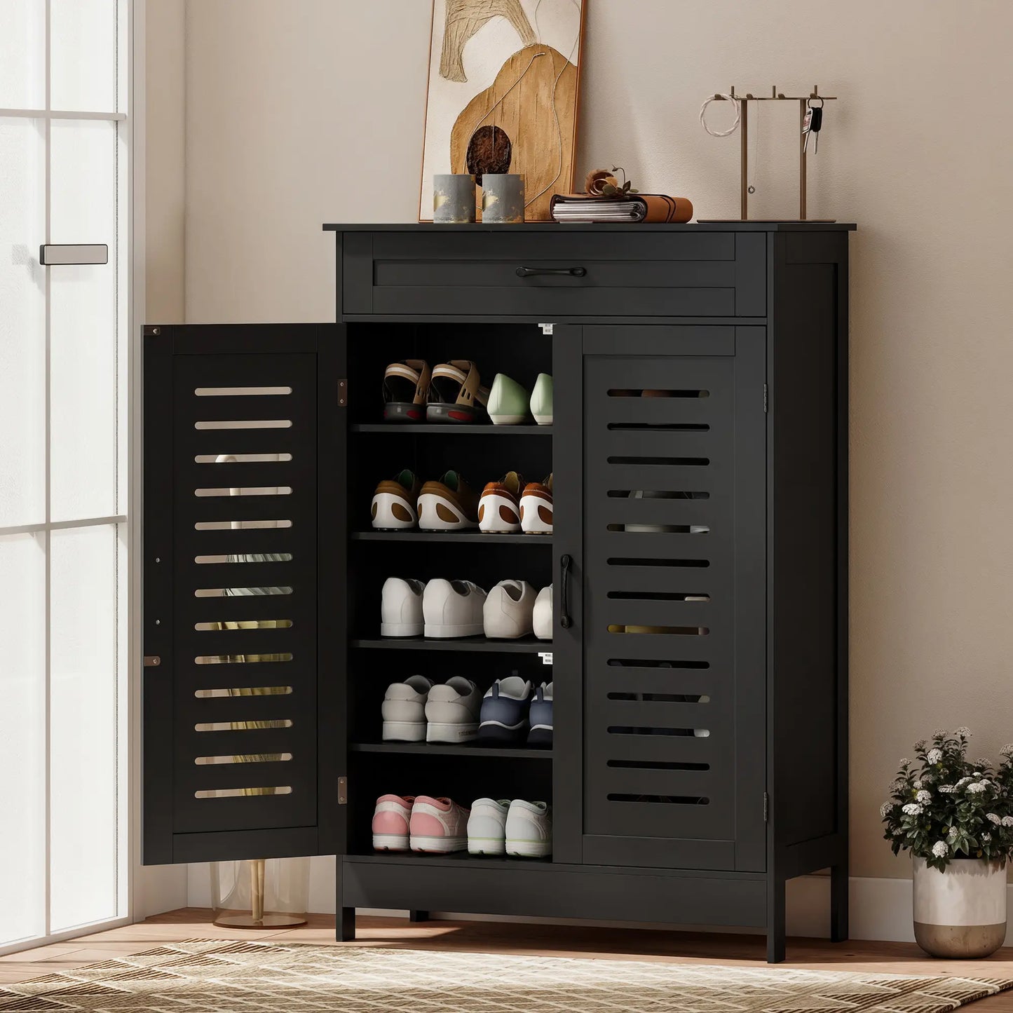 Shoe Cabinet With Louvered Doors, Drawer, Adjustable Shelves, Black Shoe Storage Cabinets & Racks at Gallery Canada