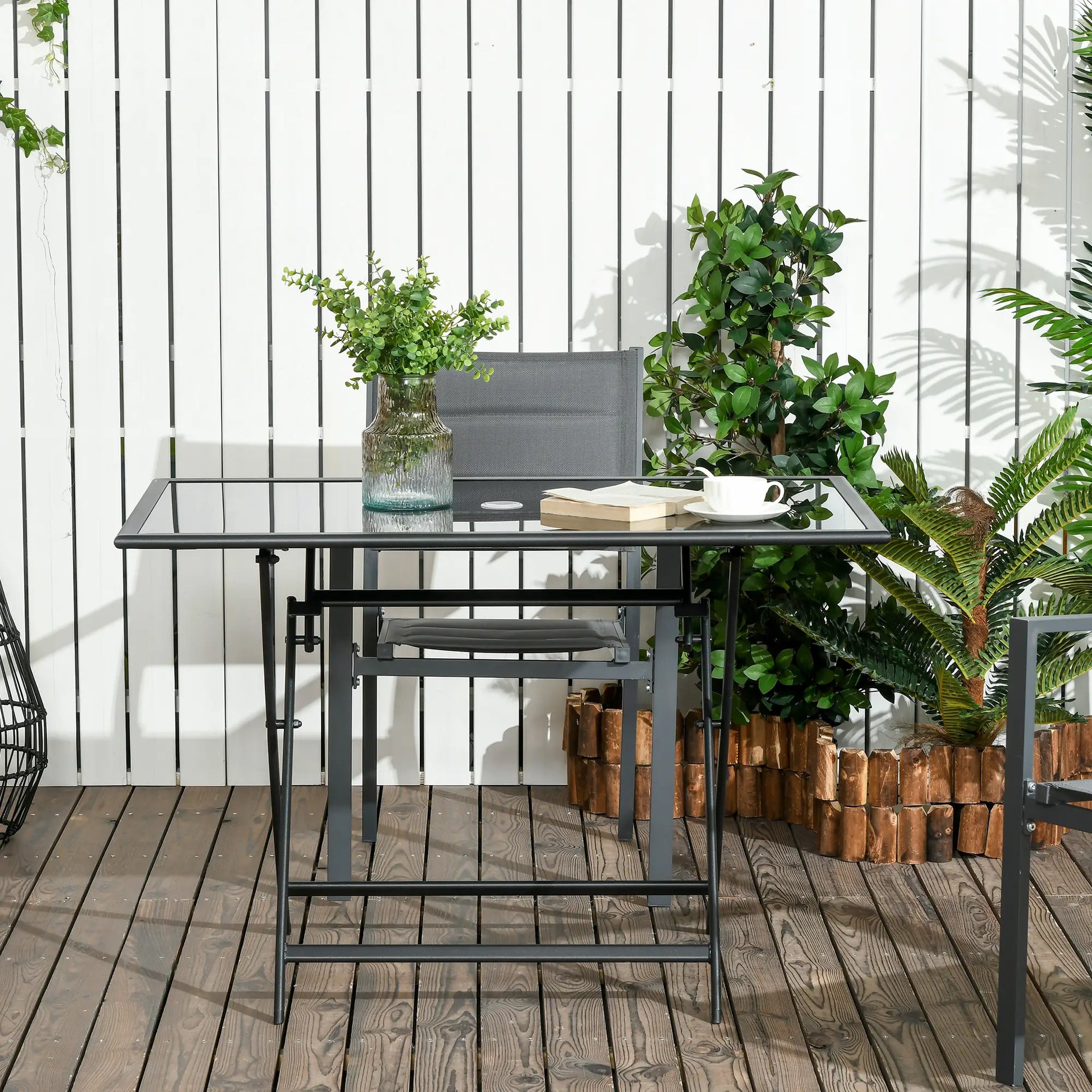 Foldable Outdoor Dining Table, Umbrella Hole, Glass Top, Metal Frame, Black Patio Side Tables at Gallery Canada