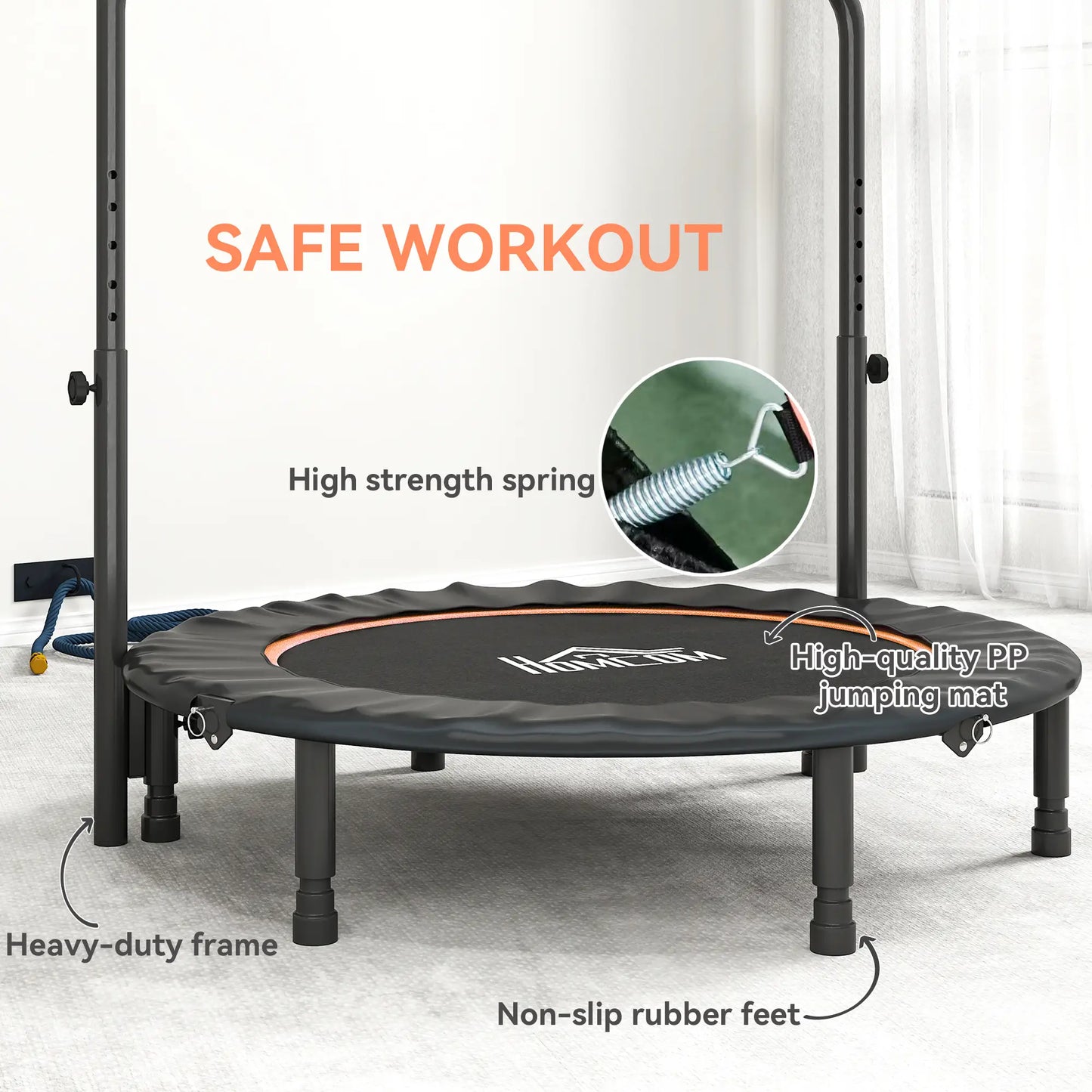 45" Foldable Mini Fitness Trampoline, Adjustable Foam Handle, Orange Trampolines at Gallery Canada