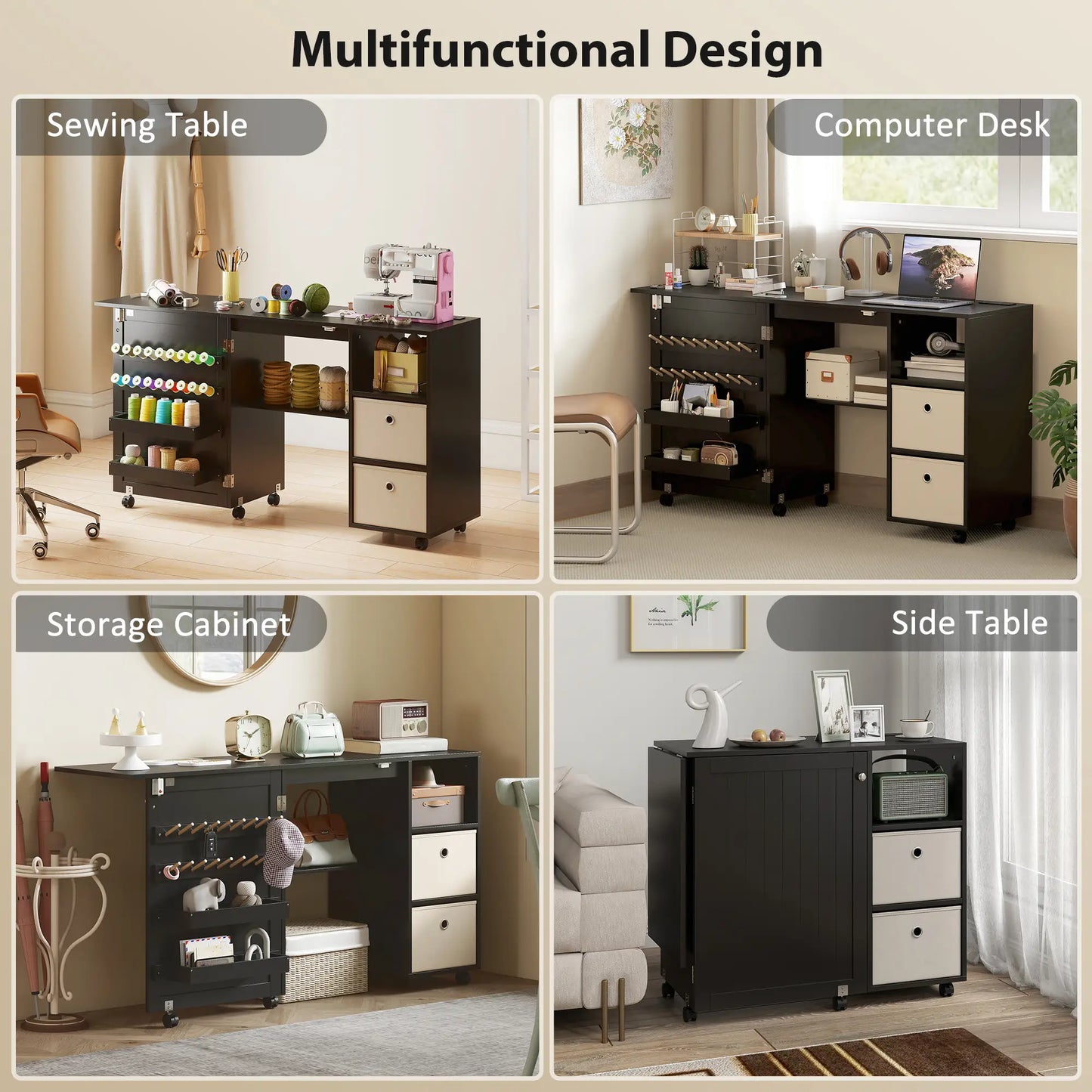 Rolling Sewing Machine Table, Folding Craft Table with Drawers, Bins, Pegs, Black Sewing Cabinets at Gallery Canada