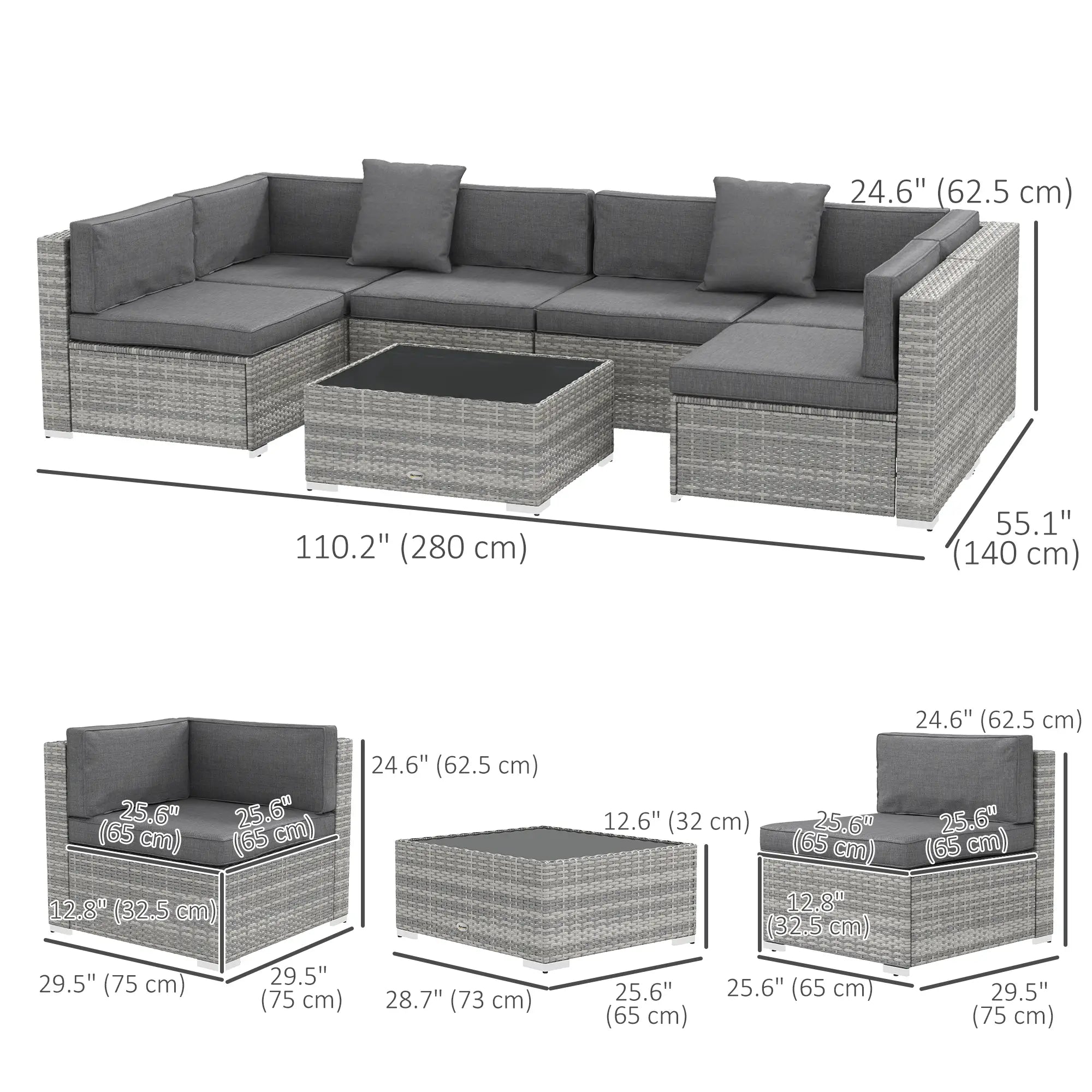 7pc Garden Wicker Sectional Set, Tea Table, Patio Rattan Sofa, Grey Patio Furniture Sets at Gallery Canada
