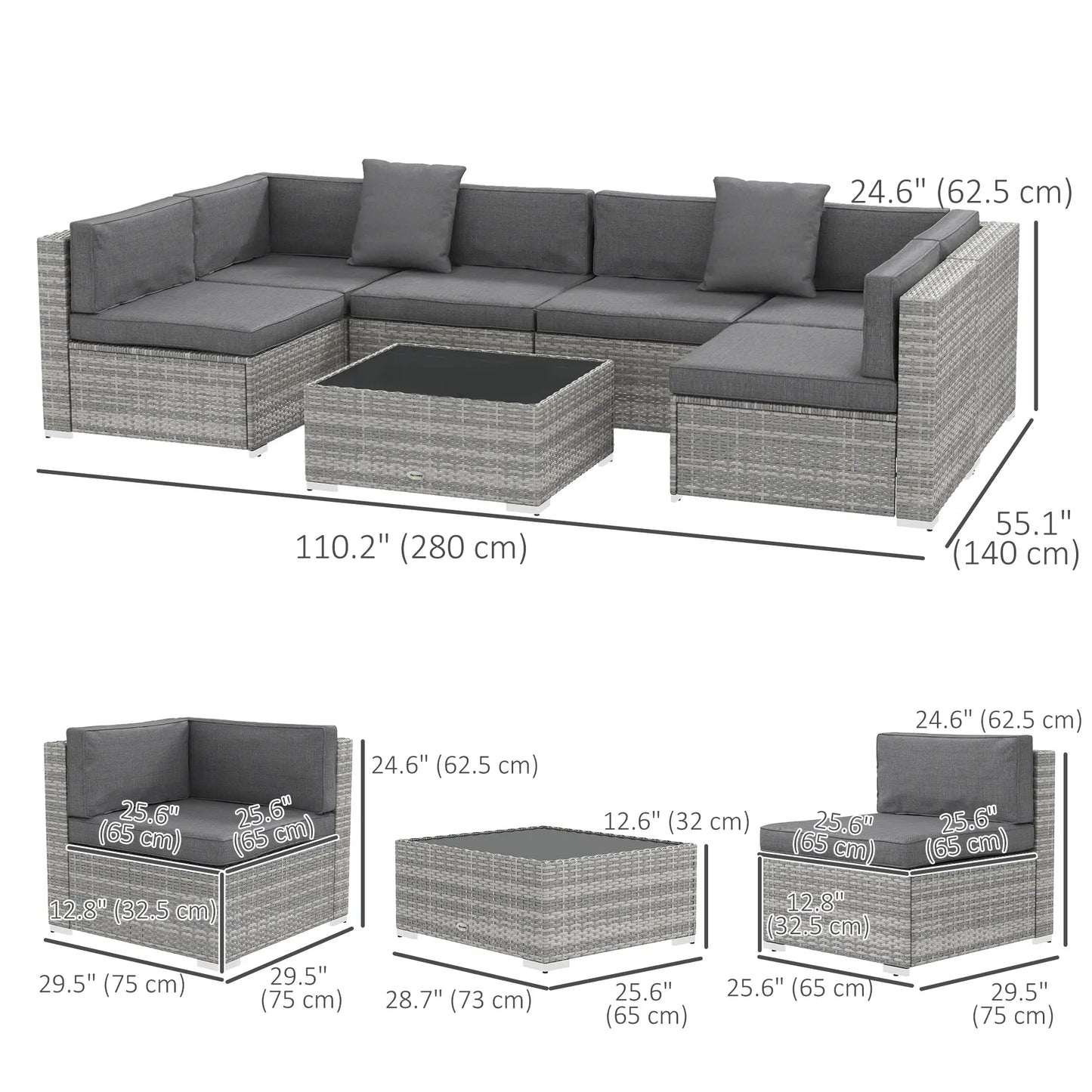 7pc Garden Wicker Sectional Set, Tea Table, Patio Rattan Sofa, Grey Patio Furniture Sets at Gallery Canada