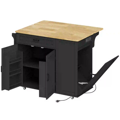 Kitchen Island Cart, Portable Table with Charging Station, Rubber Wood Drop Leaf, Trash Storage, Black Kitchen Islands & Kitchen Carts Black, Natural at Gallery Canada