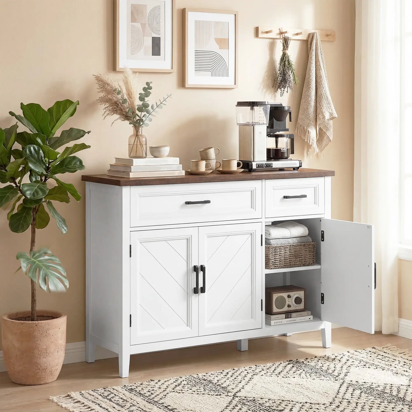 44" Farmhouse Sideboard Buffet Cabinet, 3 Chevron Doors, 2 Drawers, White Storage Cabinets at Gallery Canada