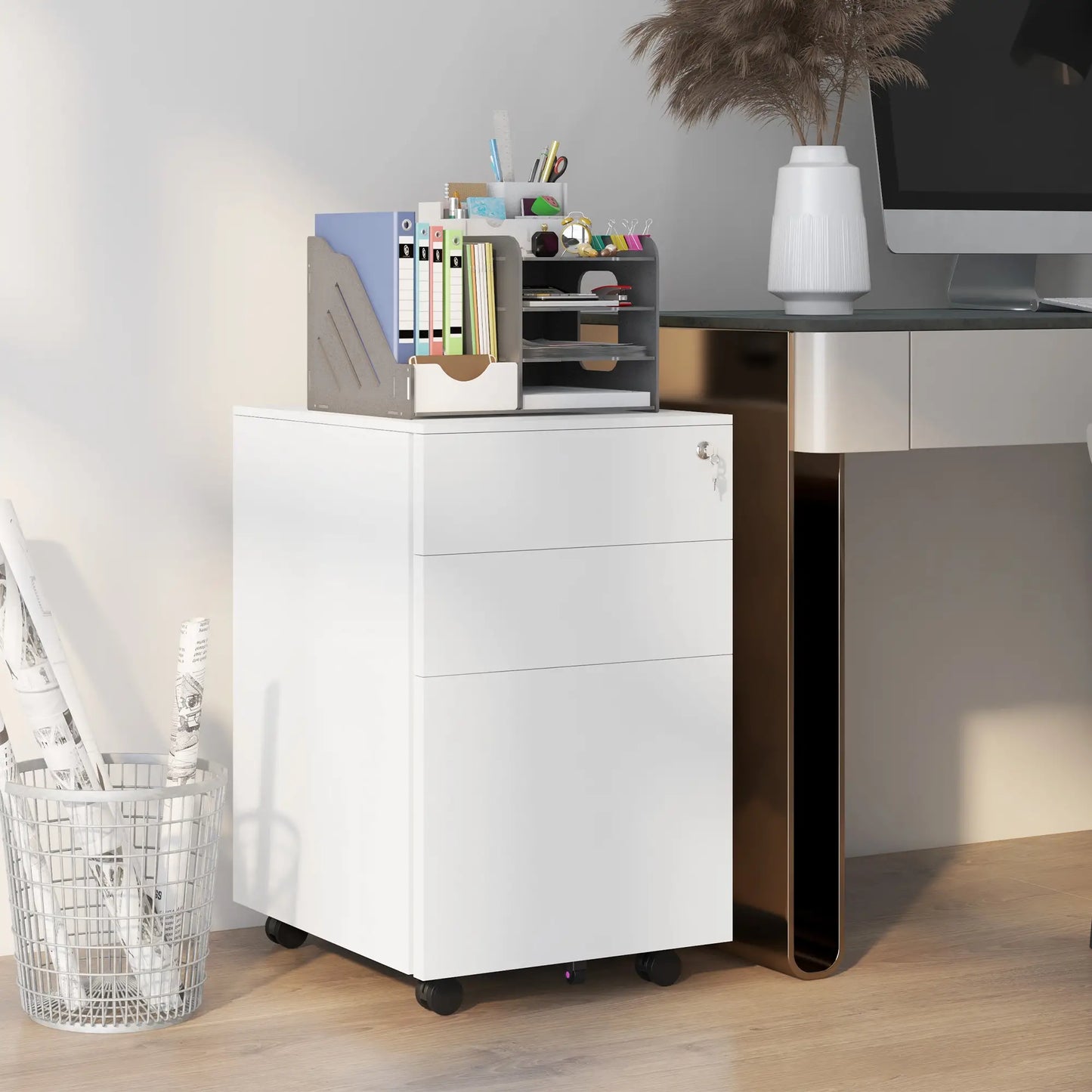 3-Drawer Steel Filing Cabinet on Wheels, Lockable, Adjustable Hanging Bar, White Office Cabinets & Cupboards at Gallery Canada
