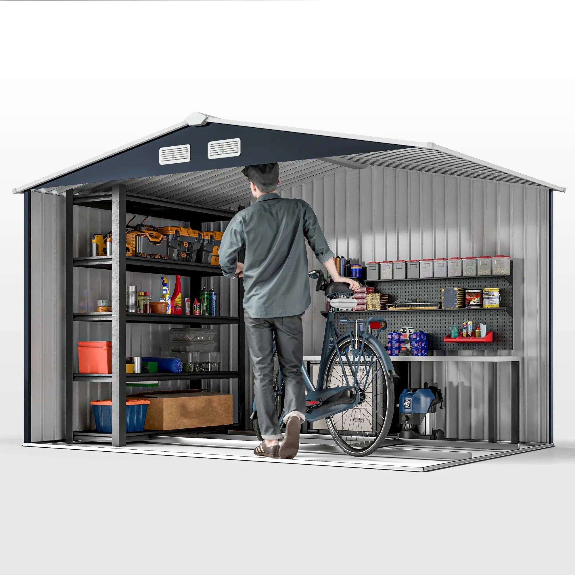 9.1'x6.4'x6.3' Garden Storage Shed, Foundation Kit, Metal Tool House, Double Doors, Dark Grey Sheds at Gallery Canada