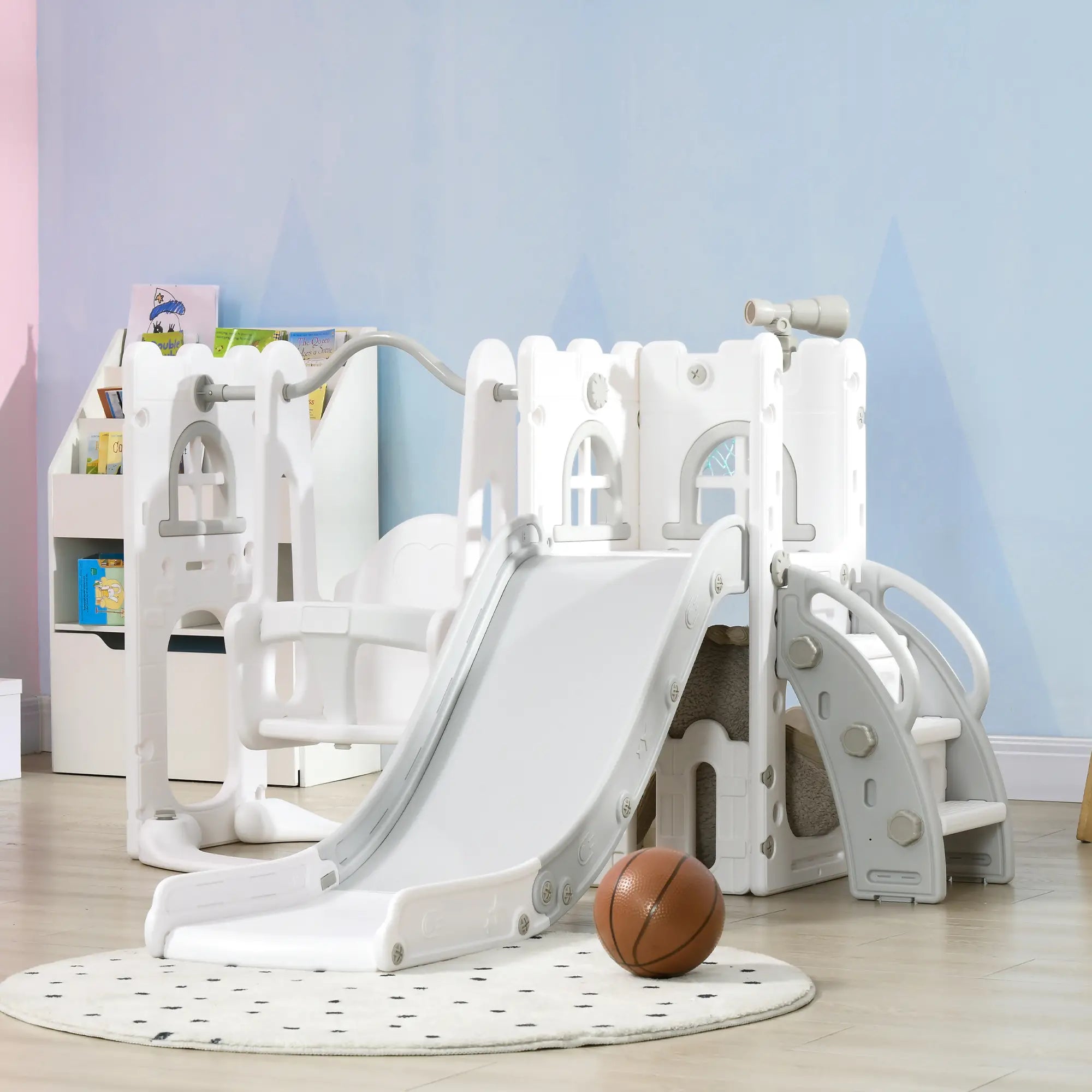 6-in-1 Baby Swing Playset, Indoor with Basketball Hoop, Climber, Grey Gym Sets & Swings at Gallery Canada