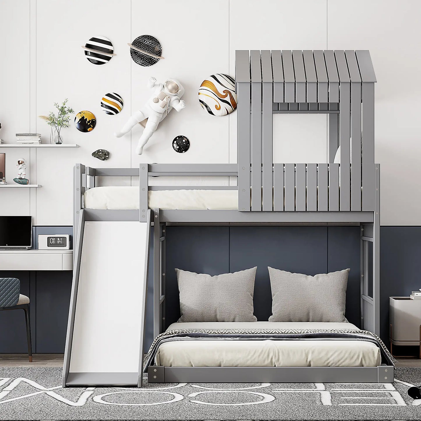 Twin Over Full Bunk Bed with Playhouse, Ladder, Slide, Guardrails, 82" L x 89" W x 82.5" H, Grey Bed Frames at Gallery Canada