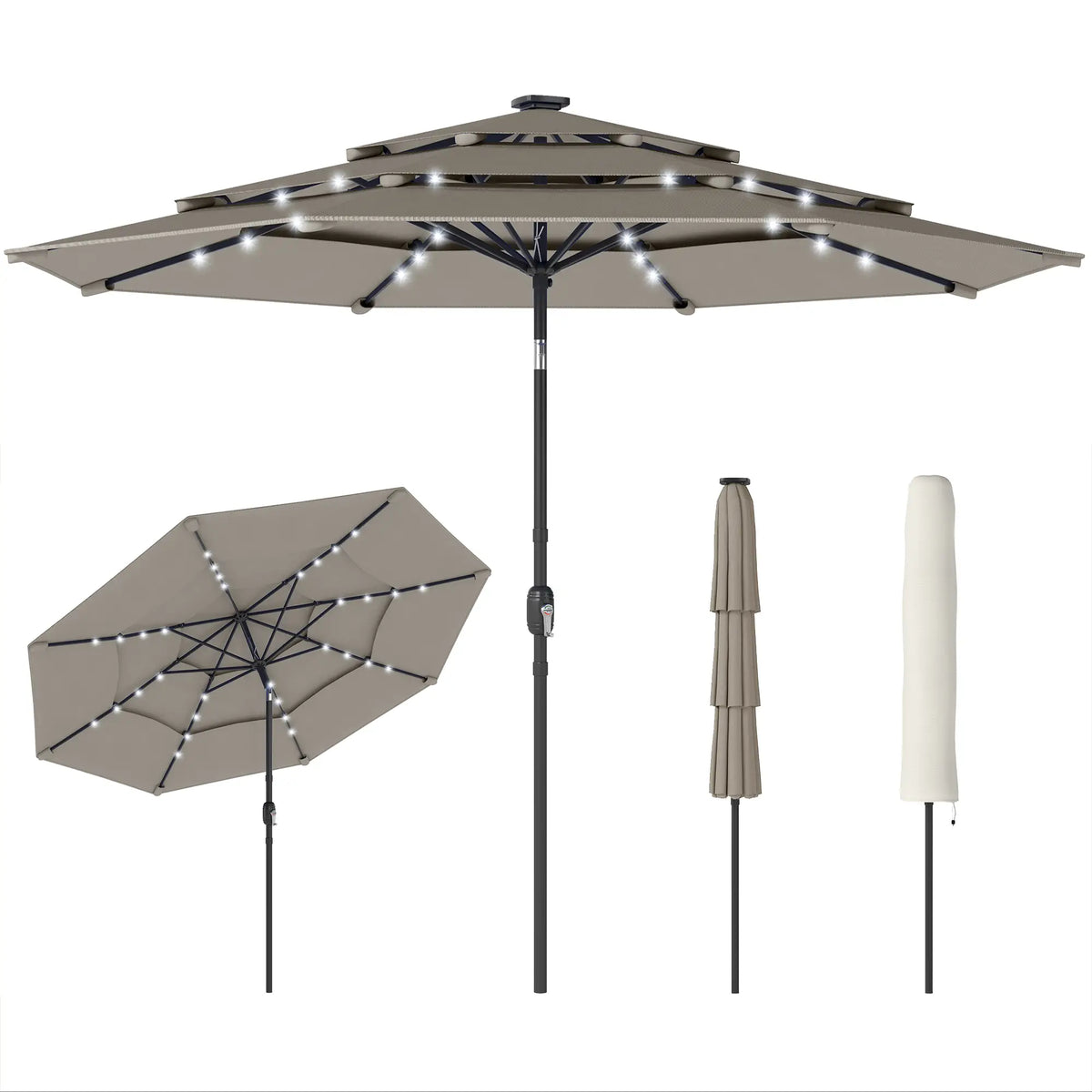 9.3 ft Outdoor Patio Umbrella, Solar LED Lights, Cover, Grey Sun Umbrellas at Gallery Canada