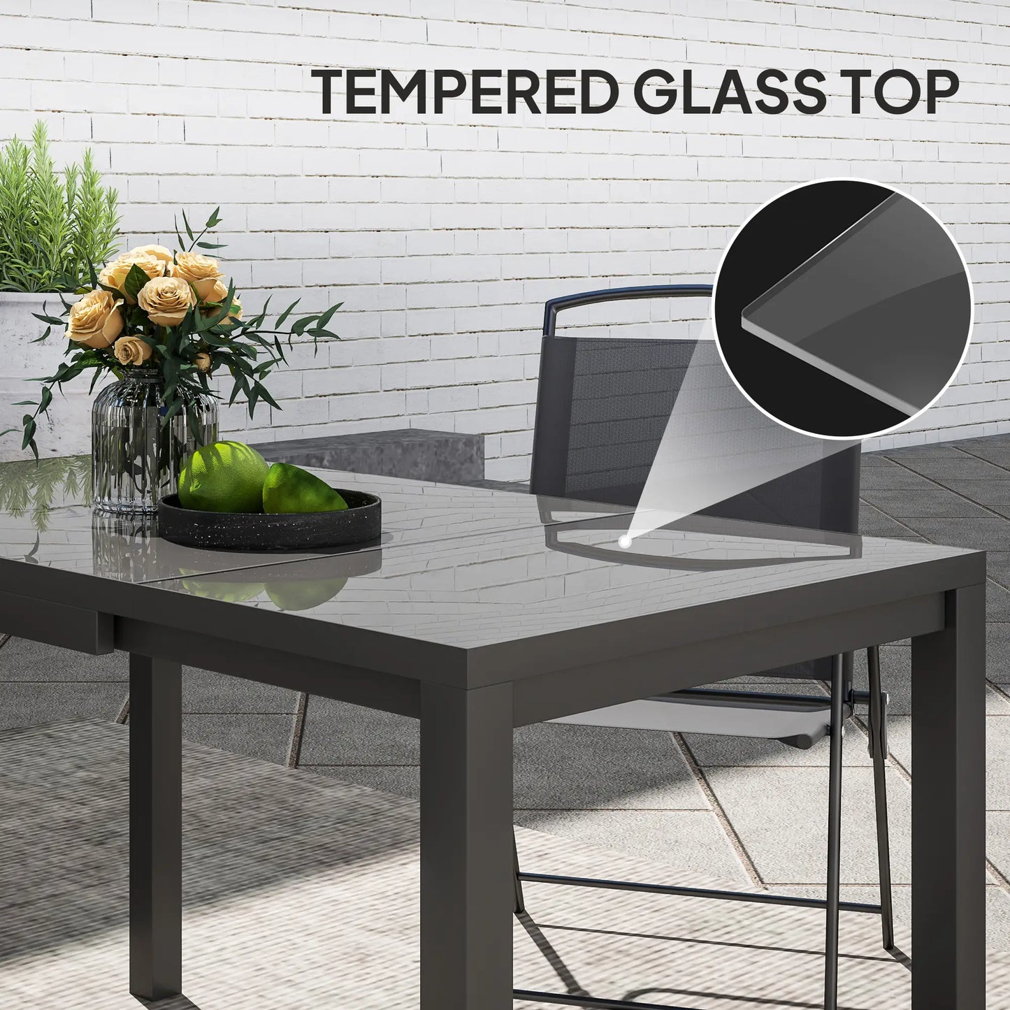 Adjustable Outdoor Dining Table, 33.5"-49.2", Tempered Glass Top, Metal Frame, Dark Grey Patio Dining Tables at Gallery Canada