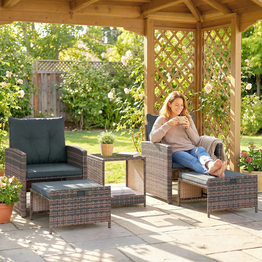 5 Piece Patio Furniture Set, Wicker Chairs, 2-Tier Glass Table, Brown/Dark Grey Patio Furniture Sets Mixed Brown, Dark Grey, Black at Gallery Canada