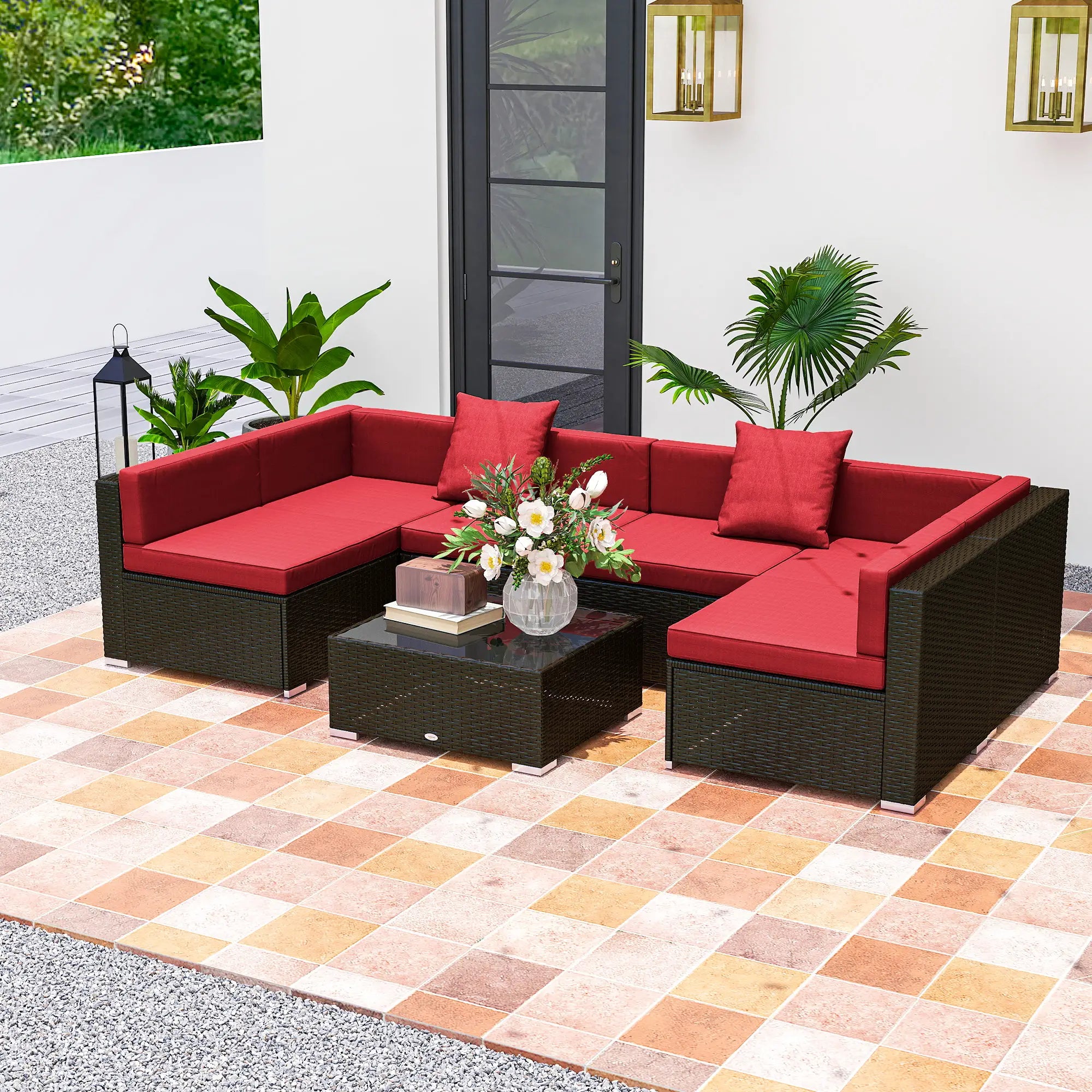 7-Piece Garden Wicker Sectional Set, Patio Sofa, Wine Red Patio Furniture Sets at Gallery Canada