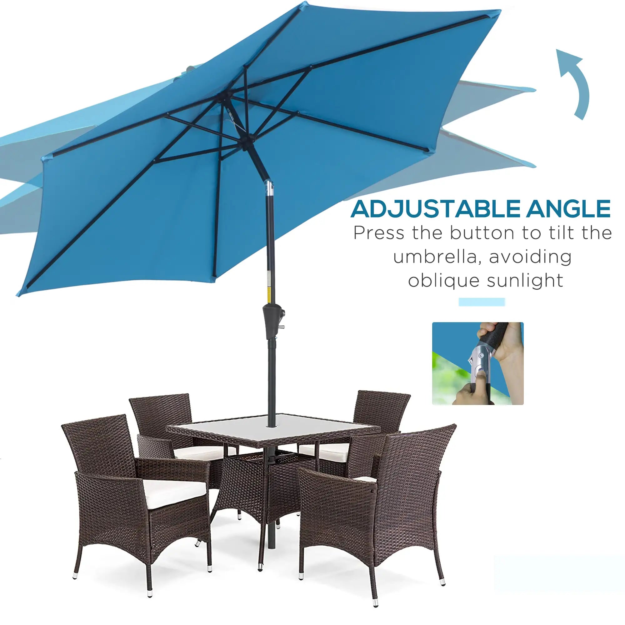 8.5' Round Aluminum Patio Umbrella, Tilt Canopy, 6 Ribs, Blue Sun Umbrellas at Gallery Canada