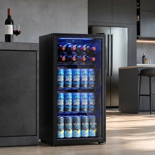 3.2 Cu.Ft Beverage Refrigerator, 139 Can Beverage Fridge Cooler with Double-Layer Glass Door Small Kitchen Appliances Black at Gallery Canada