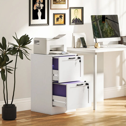 Vertical Filing Cabinet, 2 Drawers With Lock, A4 Letter Size, White Office Cabinets & Cupboards White Wood Effect at Gallery Canada