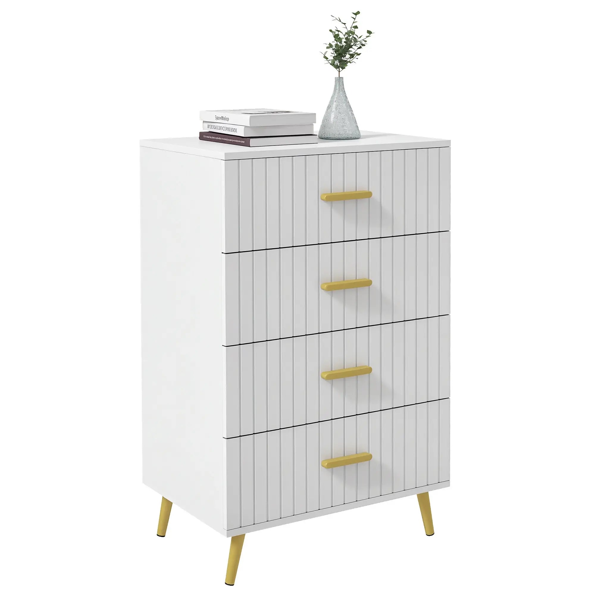 4 Drawer Cabinet, Bedroom Chest of Drawers, Aluminium Legs, Gold Handles, White Storage Cabinets at Gallery Canada
