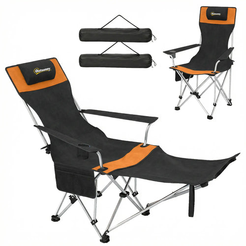 Reclining Camping Chair Set With Foot Rest, Headrest, Cup Holder, Storage Bag, Orange