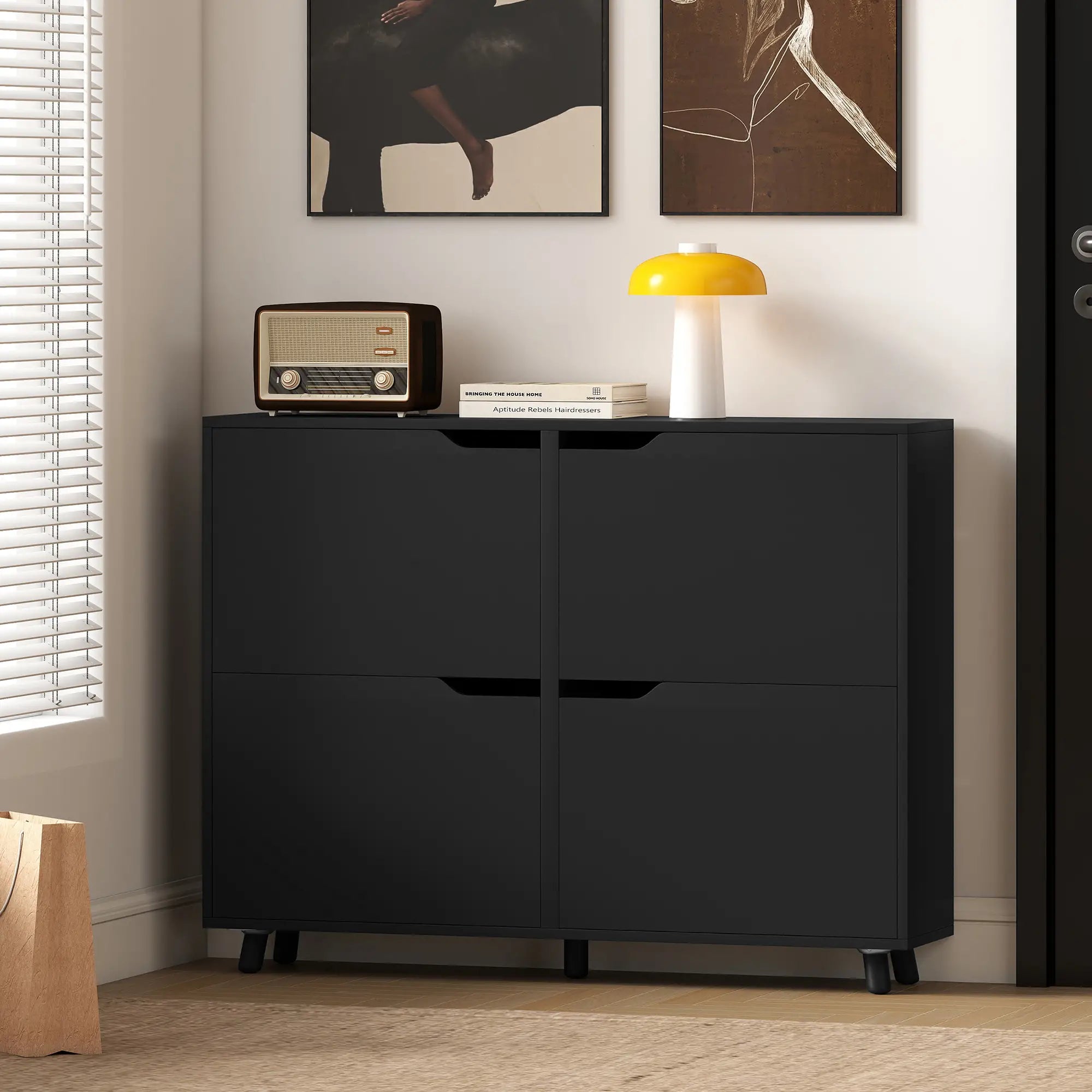 Narrow Shoe Cabinet, 4 Flip Drawers, Adjustable Shelves, 16 Pairs, Black Shoe Storage Cabinets & Racks at Gallery Canada