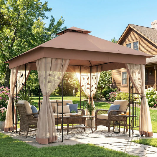 10'x10' Dark Brown Steel Patio Gazebo, Soft-Top Sun Shelter, Dark Brown Gazebos Dark Brown at Gallery Canada