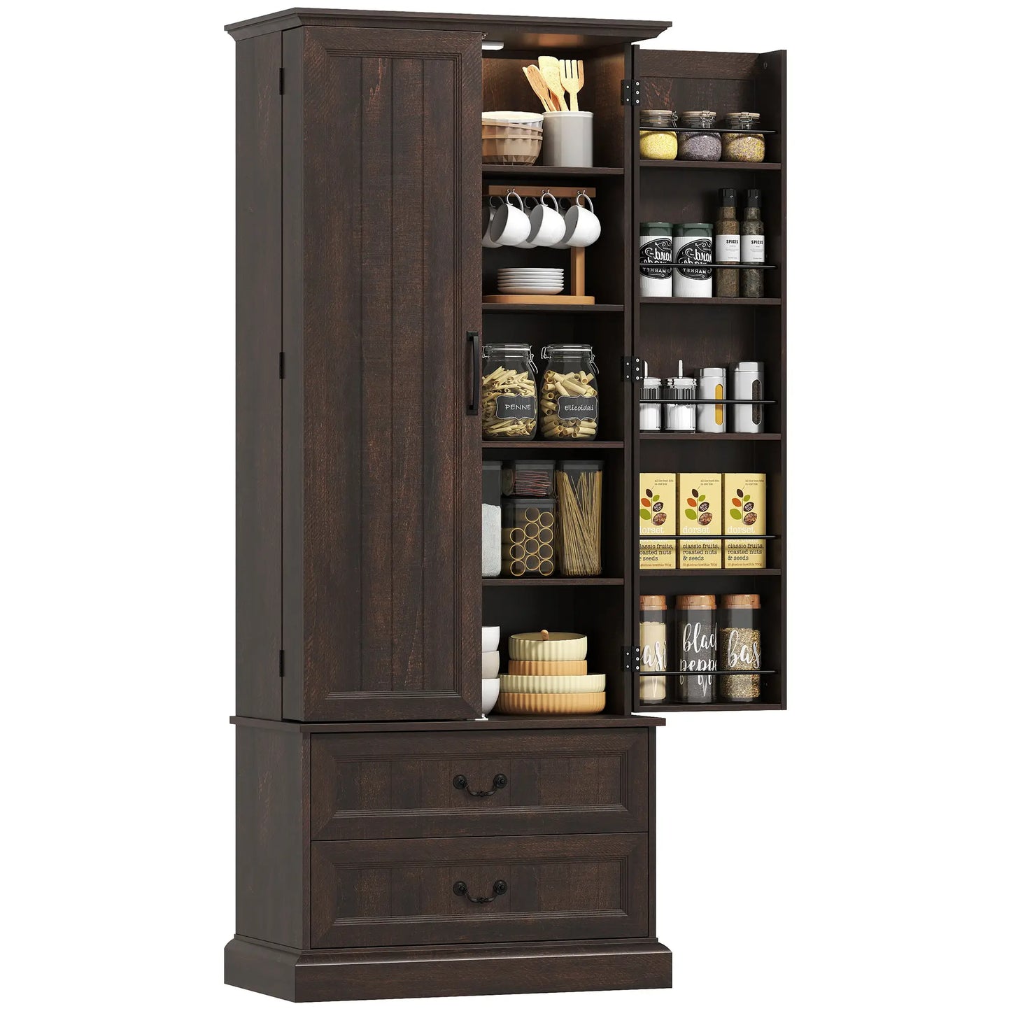 72" Kitchen Pantry Cabinet, 10 Shelves, 2 Drawers, Brown Kitchen Pantry Cabinets at Gallery Canada