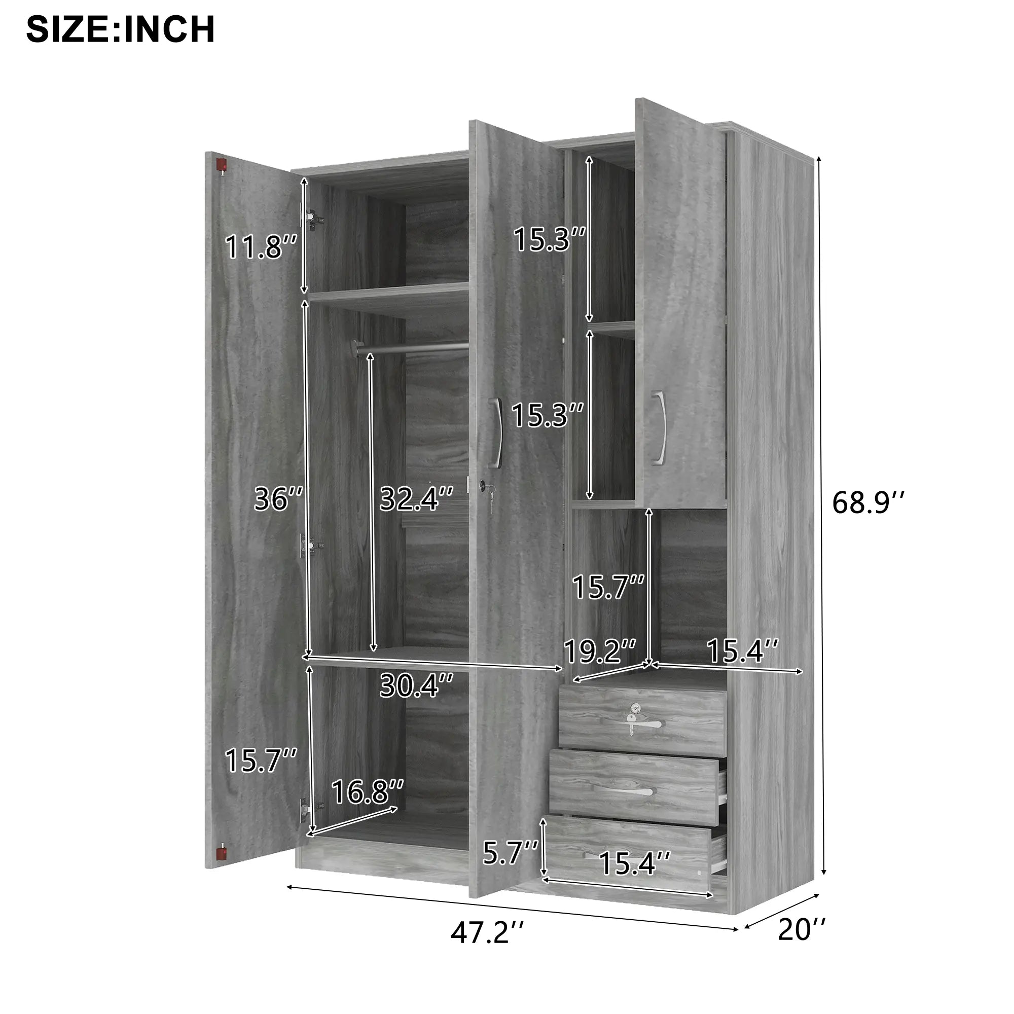 Wooden Wardrobe with Shelves, 3 Drawers, Hanging Rod, 47