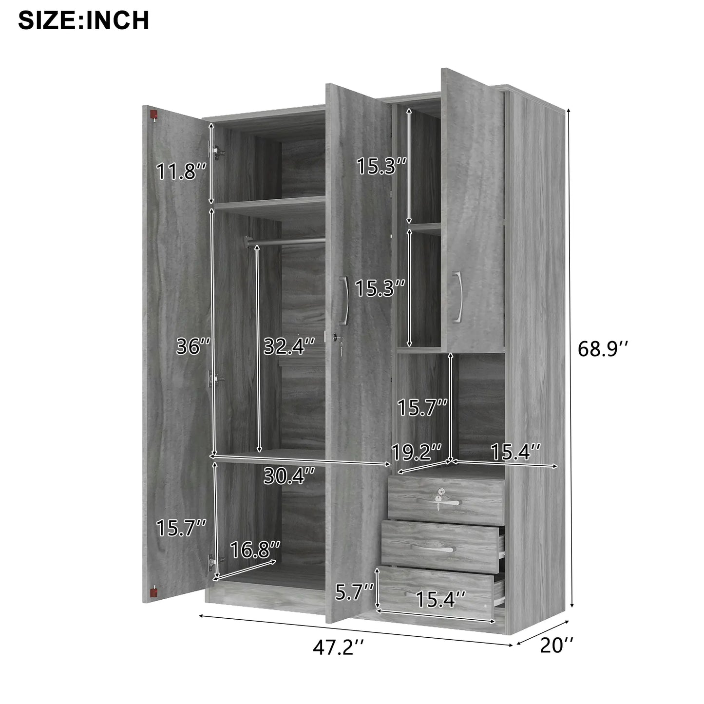 Wooden Wardrobe with Shelves, 3 Drawers, Hanging Rod, 47" L x 20" W x 69" H, Grey Clothing Storage at Gallery Canada