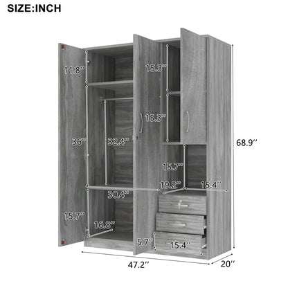 Wooden Wardrobe with Shelves, 3 Drawers, Hanging Rod, 47" L x 20" W x 69" H, Grey Clothing Storage at Gallery Canada