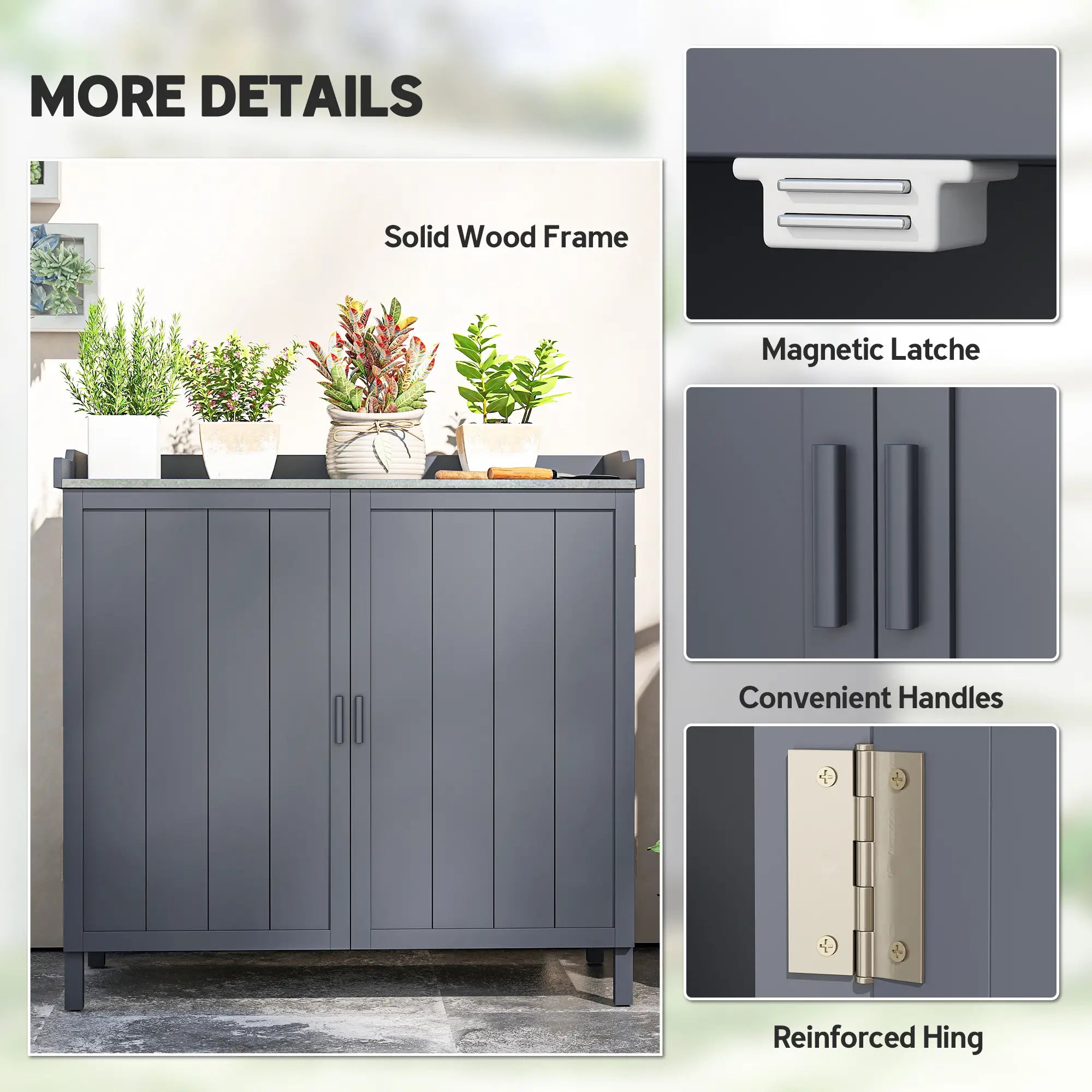 Outdoor Garden Storage Cabinet, Potting Bench with Galvanized Top, Grey Sheds at Gallery Canada