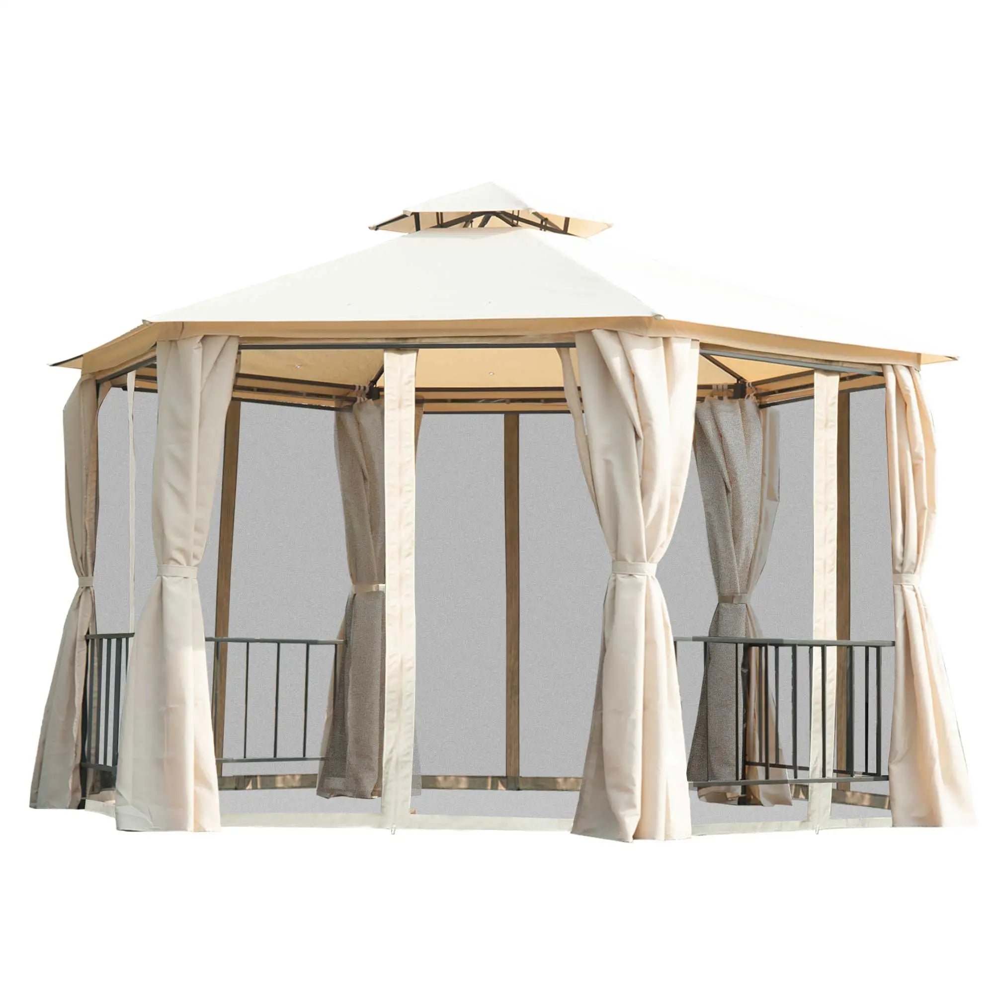 13ft Hexagon Gazebo, Outdoor Canopy Shelter, Netting, Shaded Curtains, Beige Gazebos at Gallery Canada