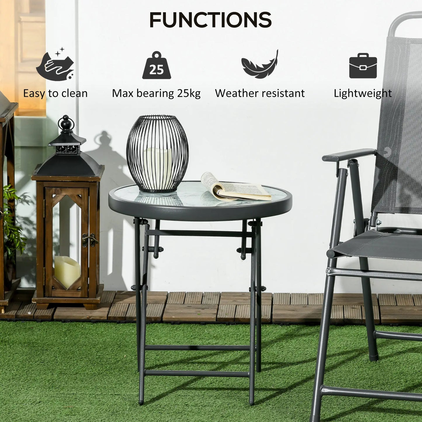 18" Outdoor Round Folding Table, Tempered Glass Top, White Patio Side Tables at Gallery Canada