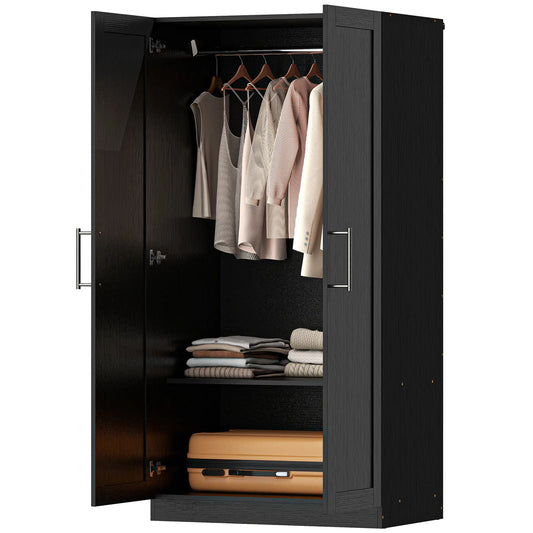 Modern Armoire Wardrobe Cabinet, 2 Doors With Hanging Rod, Black Wood Effect, Black