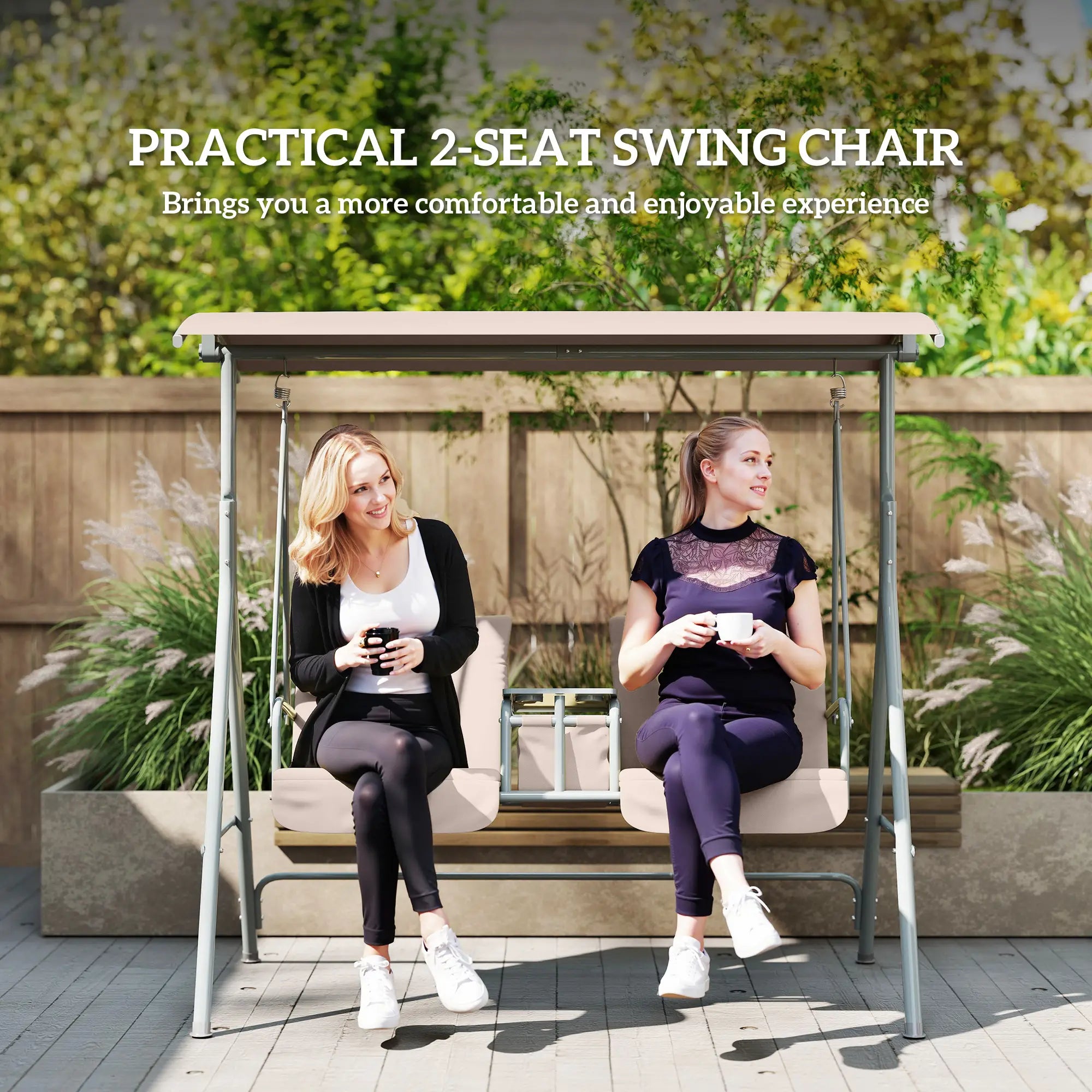 Double Outdoor Swing Chair, 2 Person, Covered, Beige Patio Swings with Stand at Gallery Canada