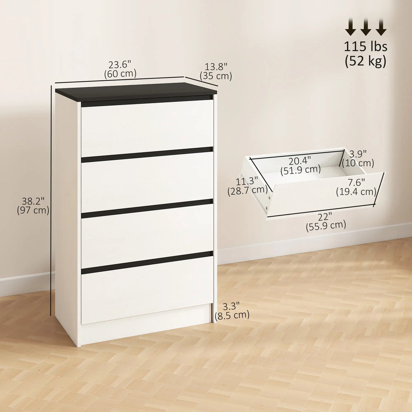 Tall Chest of Drawers, 4 Drawer Dresser, White Wood Effect, White Storage Cabinets at Gallery Canada
