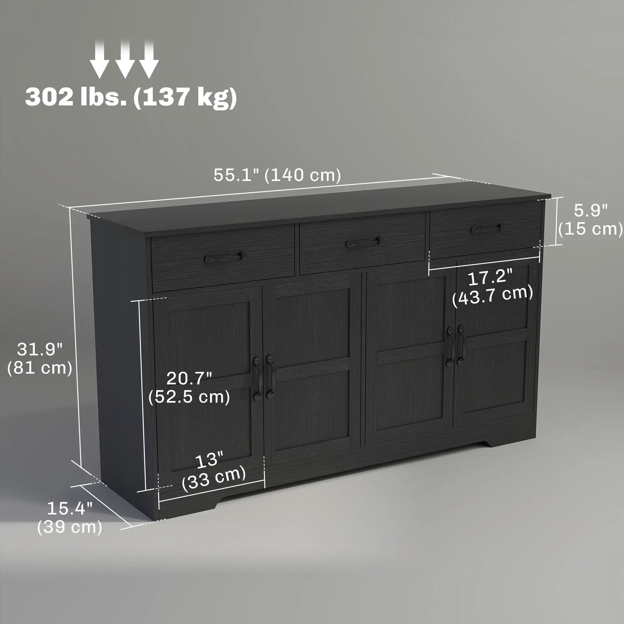 Modern Sideboard Buffet Cabinet, 3 Drawers, Adjustable Shelves, Distressed Black, Black Bar Cabinets at Gallery Canada