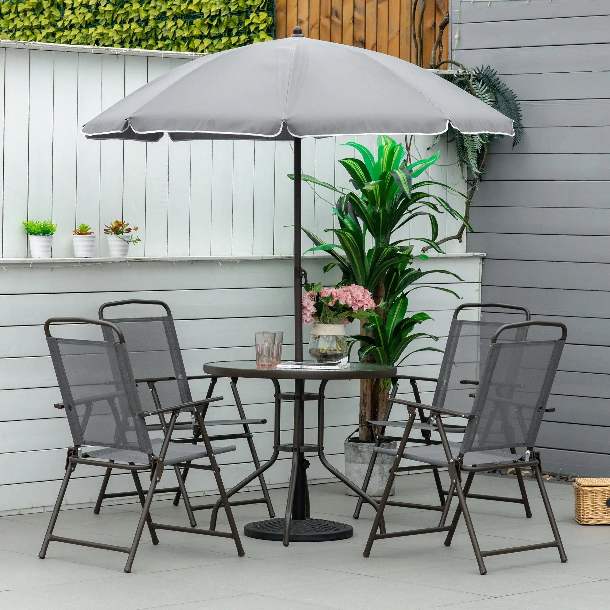 6-Piece Outdoor Dining Set, Round Table, 4 Folding Chairs, Grey Outdoor Dining Sets at Gallery Canada