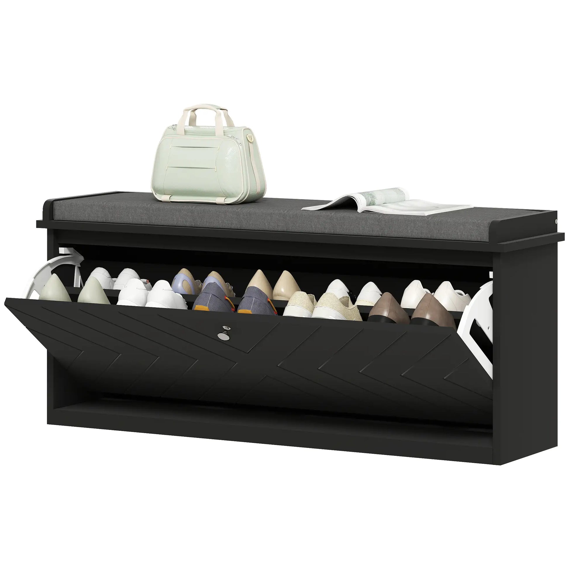 Upholstered Shoe Storage Bench with Flip Drawer, Adjustable Shelf, Fits 10 Pairs Shoe Storage Cabinets & Racks Black at Gallery Canada