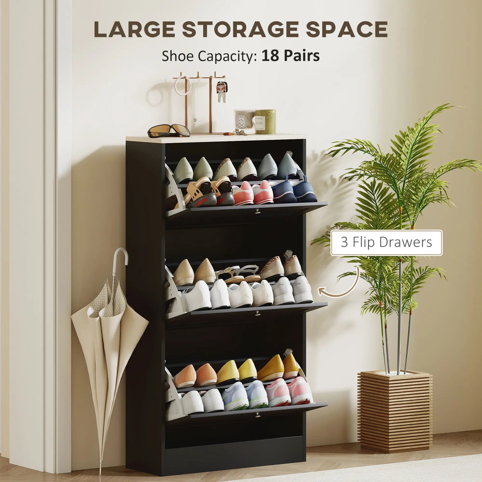 Modern Shoe Storage, 3 Flip Drawers, Adjustable Shelves, 18 Pairs, Black Shoe Storage Cabinets & Racks at Gallery Canada